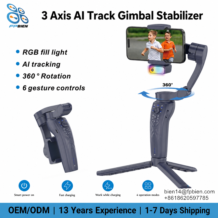 Portable 360 Degree Rotation Handheld Stabilizer AI Face Tracking 3 Axis Anti-Shake Mobile Phone Stailizer Gimbal with AI tracker Magnetic RGB Fill Light Gesture Control